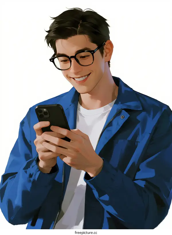 A man wearing glasses is looking at his smartphone