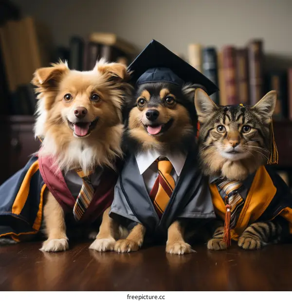 Three animals wearing graduation caps and gowns