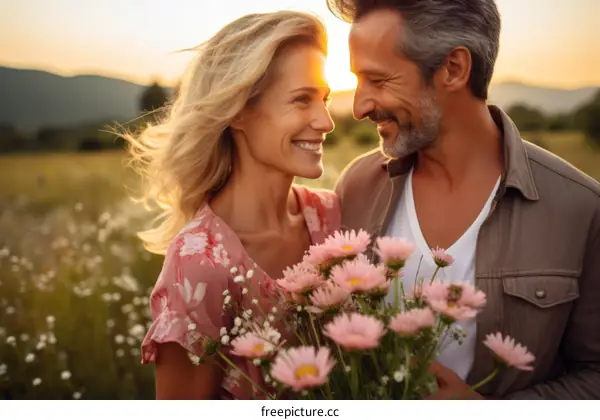 Happy couple in love holding flowers in a field
