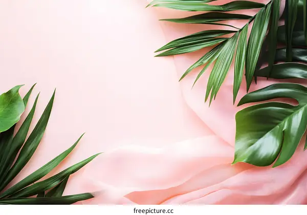 Tropical Leaf Background with Pink Fabric