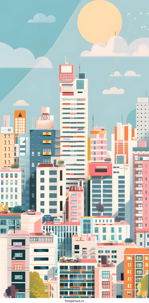 Colorful Cityscape Illustration with Buildings and Sky