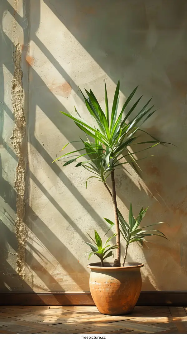 Sunshine through window onto potted plant