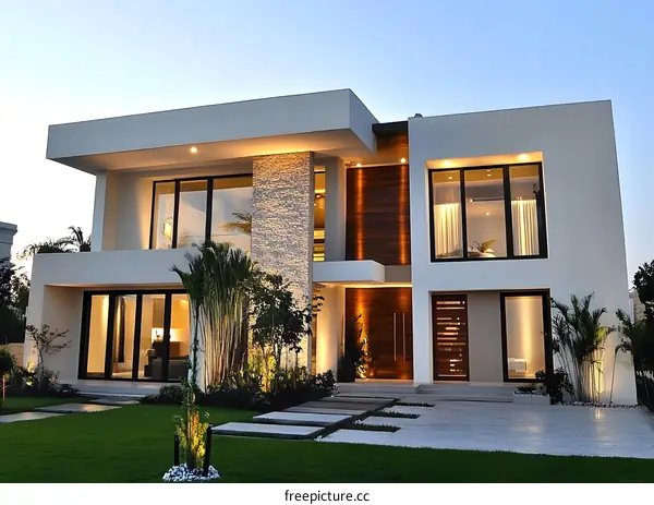 Modern White House With Large Windows and Stone Wall