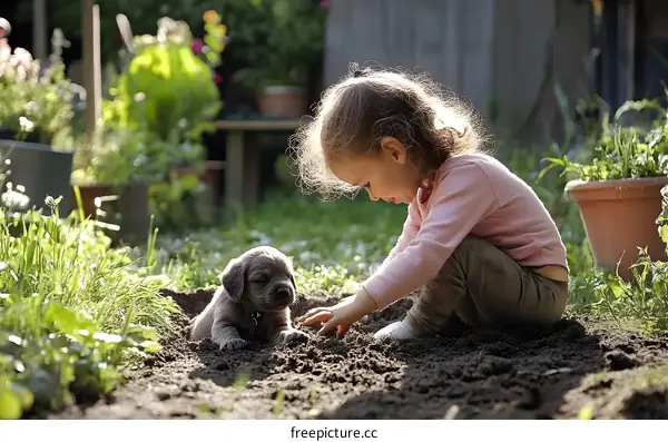 Little Girl Playing With Puppy in Garden