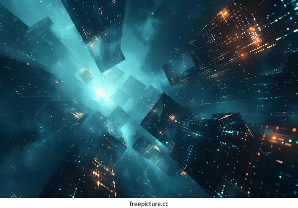 Blue and orange glowing 3D rendering of a city