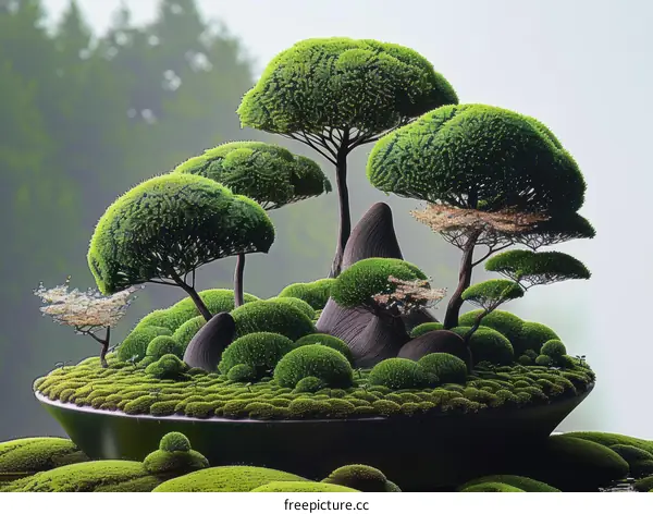 A beautiful bonsai tree with green leaves and a rock formation in a black pot