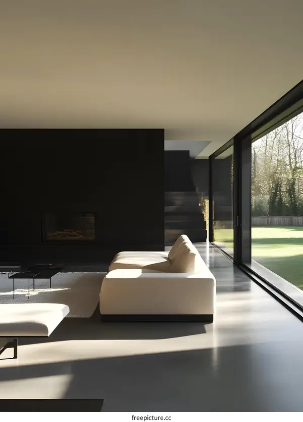 Modern Living Room with Large Window and Fireplace