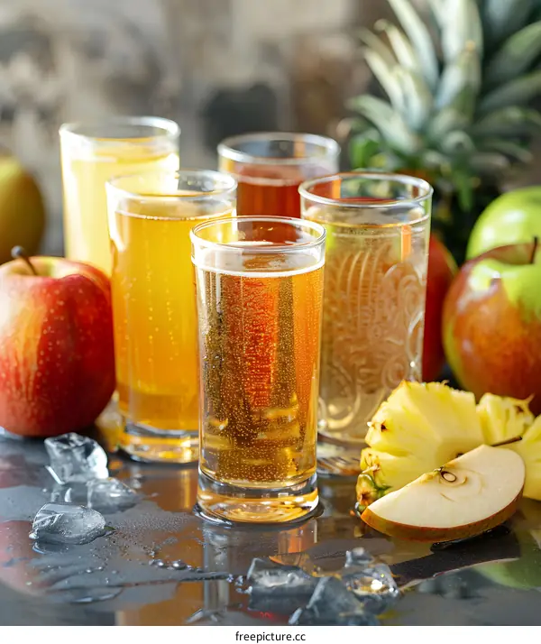 Fresh Apple and Pineapple Juice in Glasses with Ice