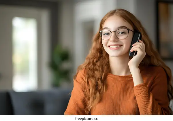 Smiling Woman with Red Hair Talking on Phone at Home