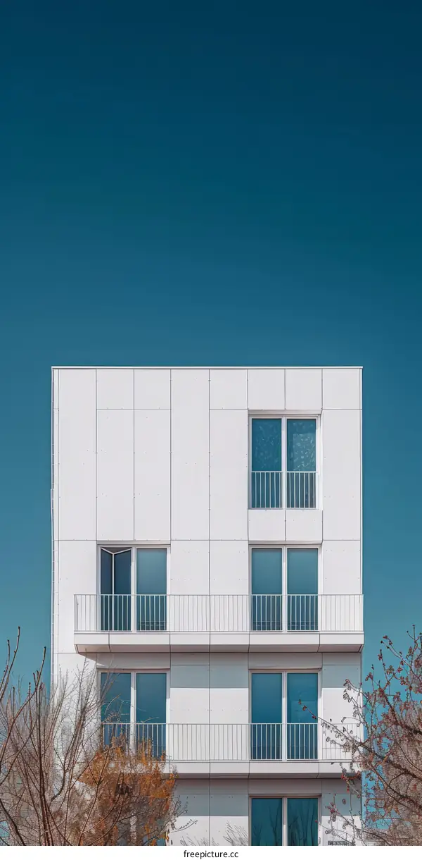 White concrete apartment building with blue sky in the background