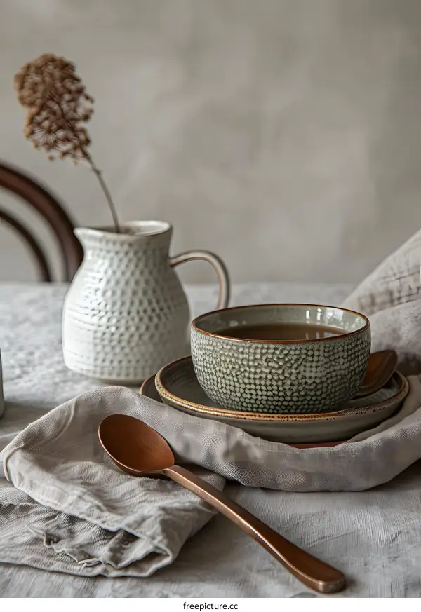 Still Life Photography of a Ceramic Bowl, Saucer, Wooden Spoon and a Pitcher on a Linen Tablecloth