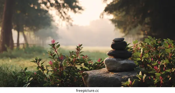 Peaceful Sunrise Morning Scene with Stacked Stones