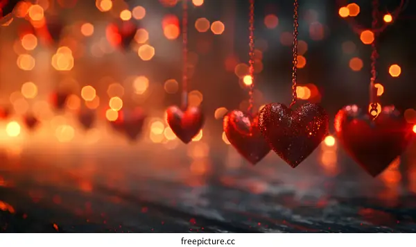 Red heart-shaped ornaments hanging from chains with a blurred background of red and orange lights.