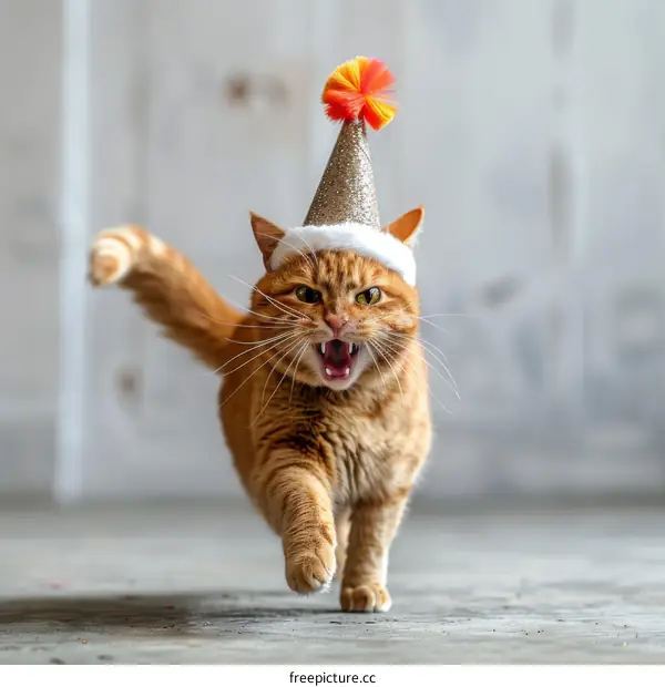 ginger cat wearing a birthday hat and looking excited