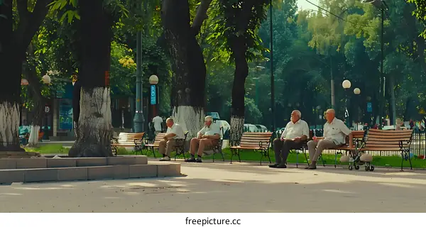 Four Elderly Men Sitting on Benches in a Park