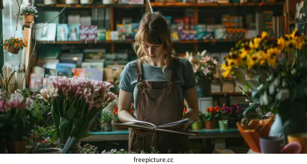 Young woman reading a book in a flower shop