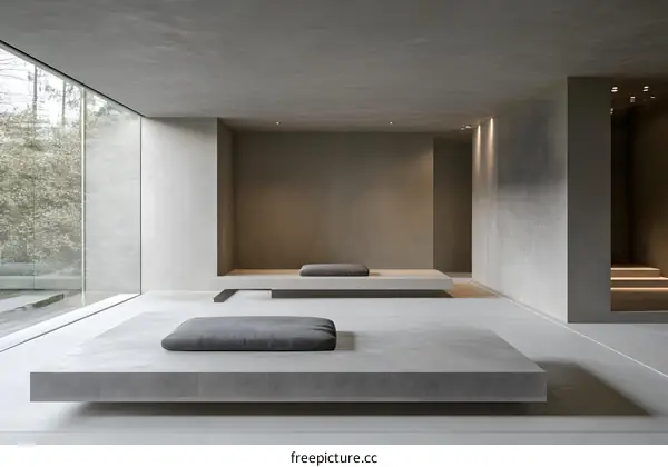 Minimalist Interior Design with Concrete Platform and Large Window
