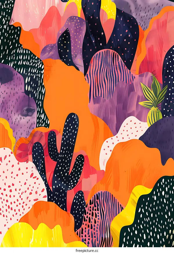 Abstract Pattern with Cactus and Colorful Shapes