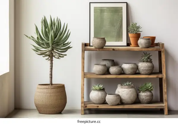 A wooden shelf with various succulents and other plants in pots