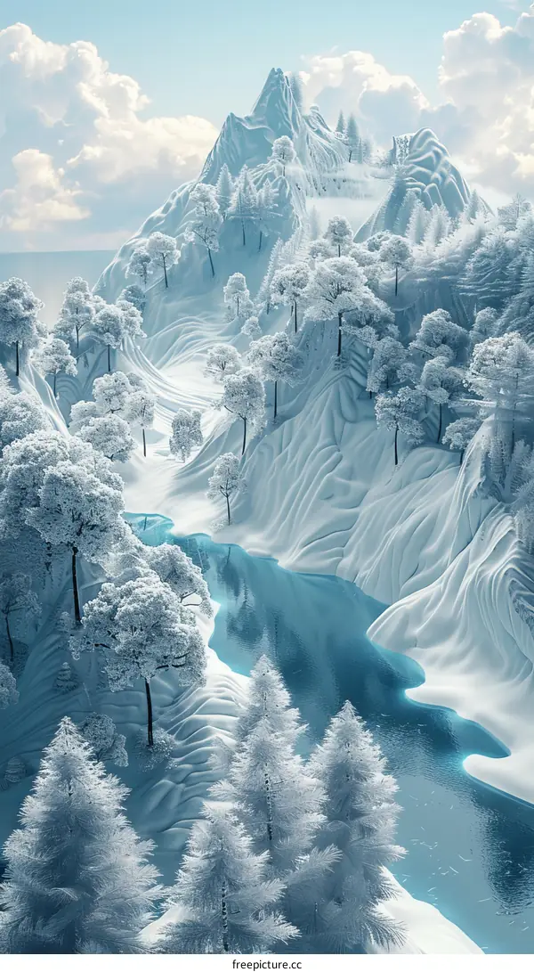 Snow-Covered Mountain Landscape with Frozen River