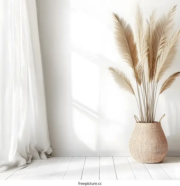 White Wall With Pampas Grass in a Woven Basket