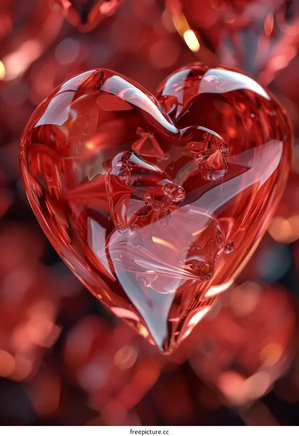 Abstract Glass Heart Sculpture on Red Velvet Background