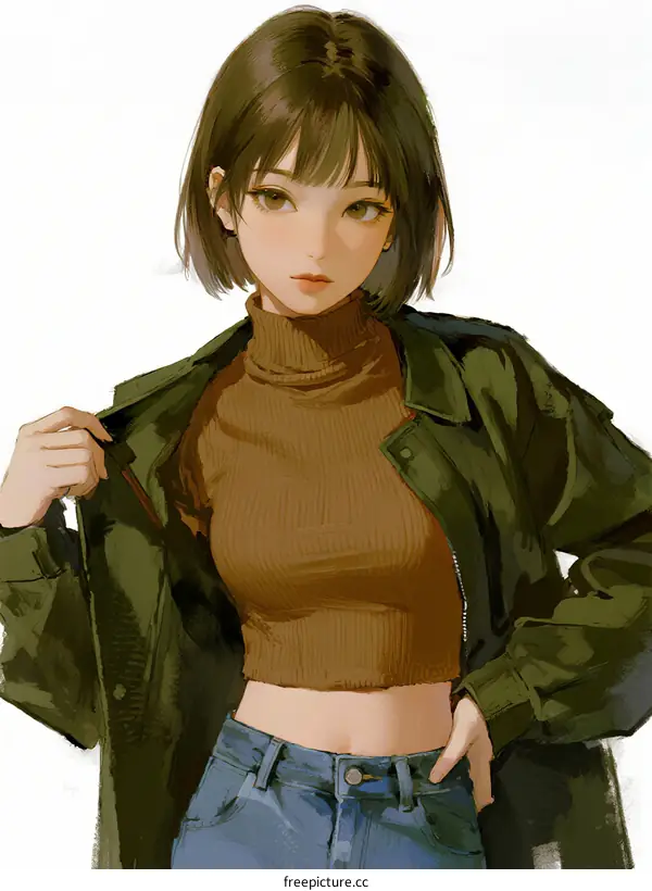 A Young Woman with Short Hair Wearing Casual Green Jacket