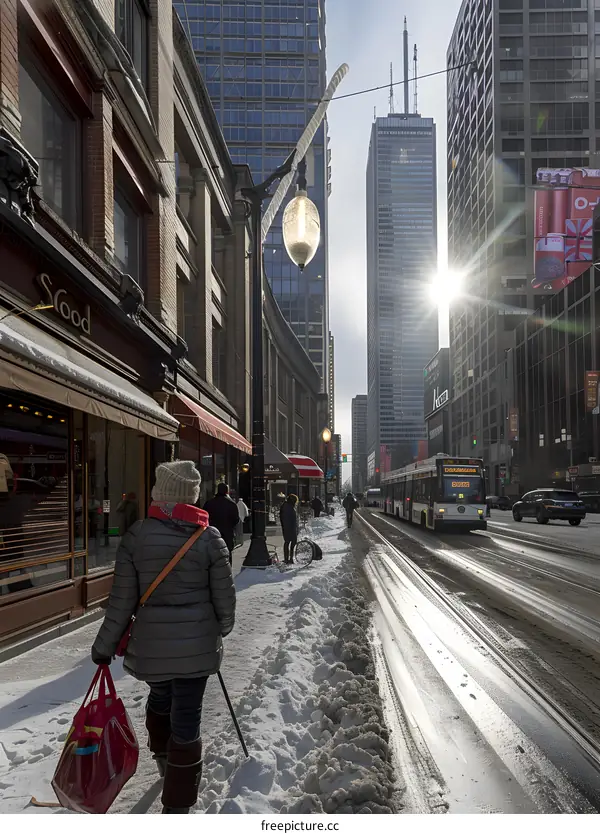 Snowy Street Scene in Downtown City with People Walking