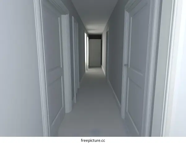 Long Narrow White Hallway with Doors on Each Side