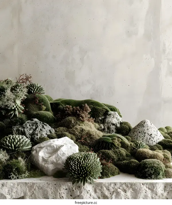 Green Moss and Rocks Against a Concrete Wall