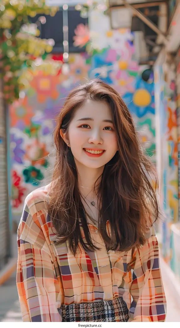 Smiling Asian Woman In Plaid Shirt