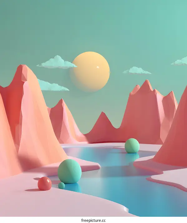 Low Poly Mountains Illustration with Sun and Clouds