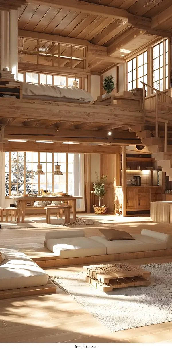 Open Plan Wooden Loft Apartment Interior