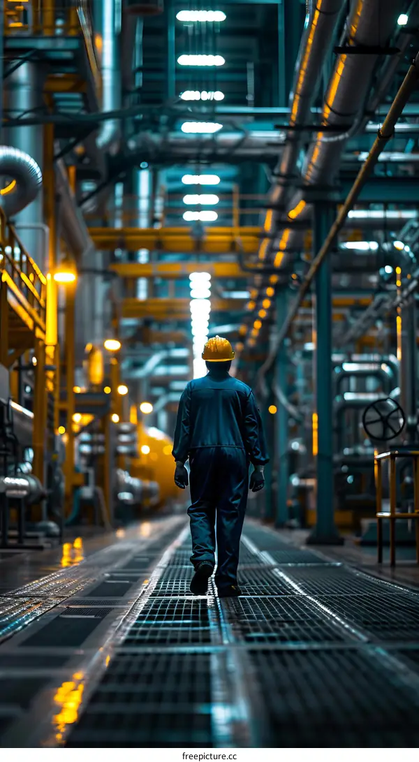 Oil and gas worker walking through a processing plant