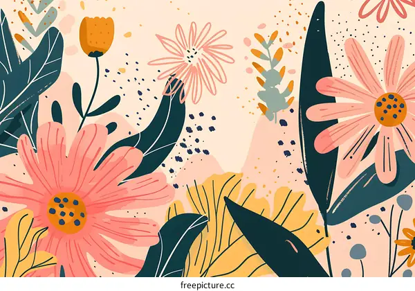 Abstract Floral Illustration With Pink and Yellow Flowers