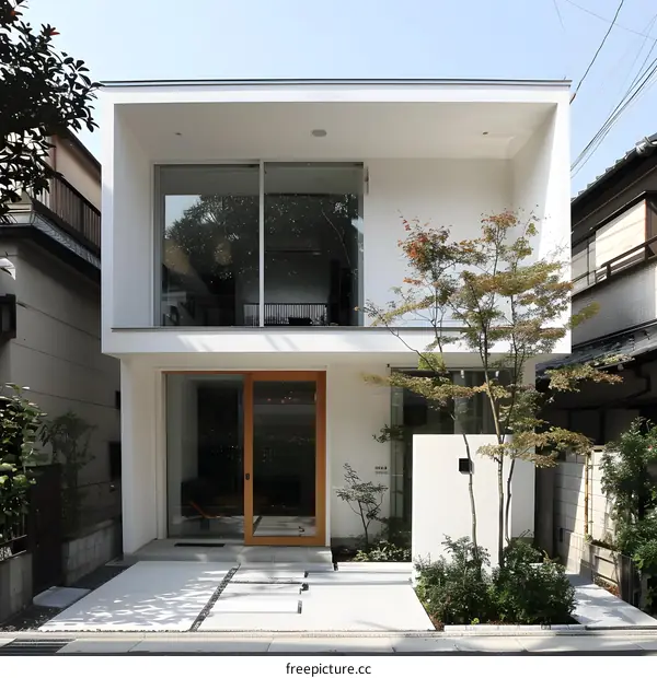Modern Minimalist White House with Wooden Door and Small Garden in Japan