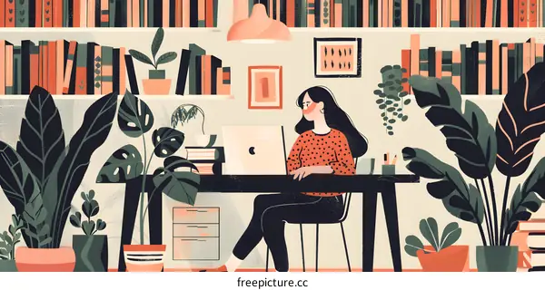 Woman Working at Home with Plants and Books