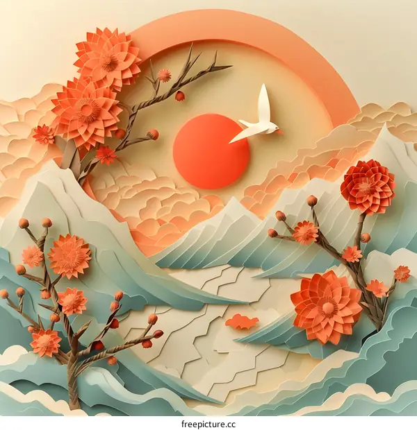 An illustration of a landscape with mountains, flowers, and a bird