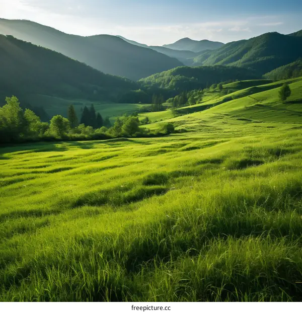 The sun shines on the green hills