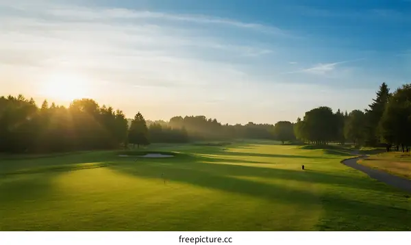 Sunlit golf course with green grass and trees in the background