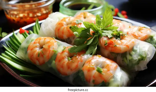Fresh and delicious Vietnamese spring rolls with shrimp, vegetables, and herbs