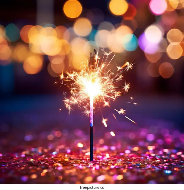 A single lit sparkler against a blurred background of multicolored lights.