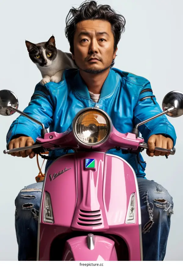 A man and his cat are riding on a pink Vespa scooter.