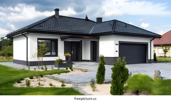 Modern House with Black Roof and Garage