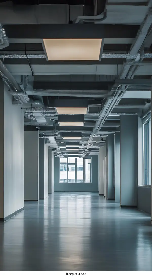 Empty Office Corridor with Exposed Ceiling Pipes and Lights