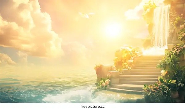 Fantasy Landscape with Waterfall and Steps Leading to Heaven