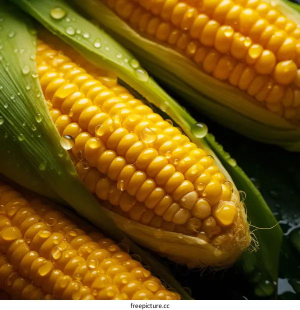 Close-up of fresh corn on the cob with water drops