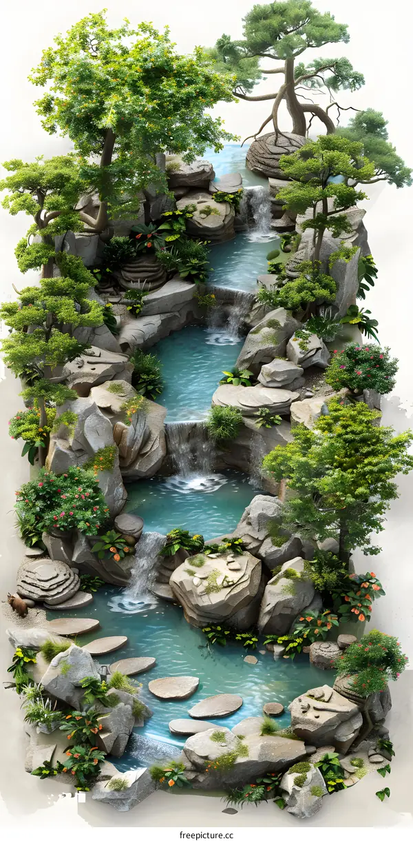 A beautiful landscape with green mountains, clear water and lush trees