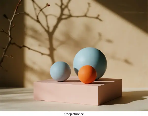 Three Colored Spheres on Pink Platform with Natural Light