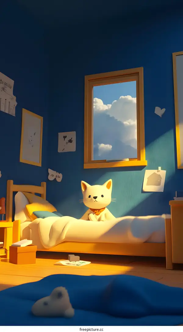Cute Cartoon Cat on Bed in Room with Window